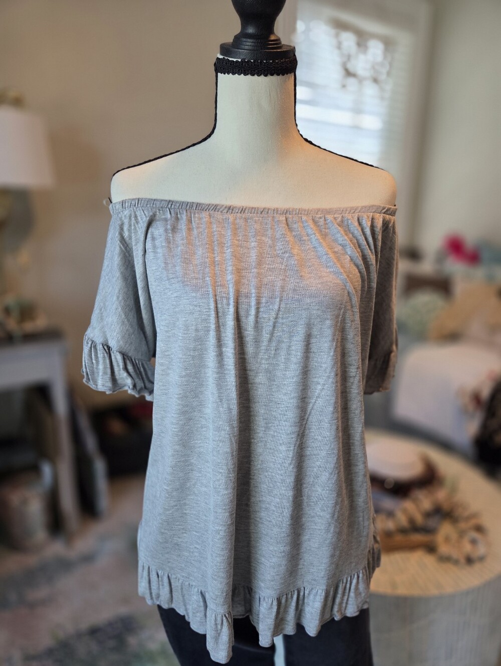 Fantastic Fawn Gray Off-Shoulder Ruffle Hem Top | Size Small